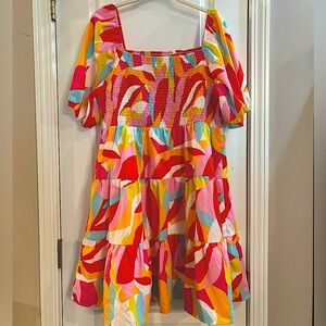 NWT colorful women’s dress with smocking and lining. XL